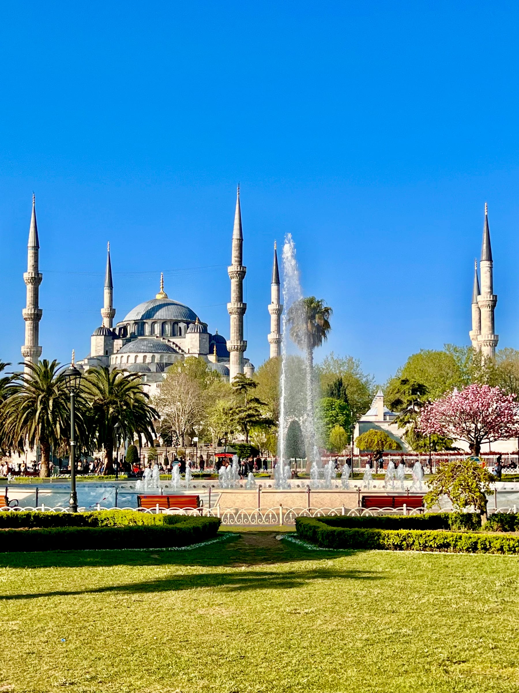 The cascading domes and slender minarets of the Blue Mosque against a clear Istanbul sky