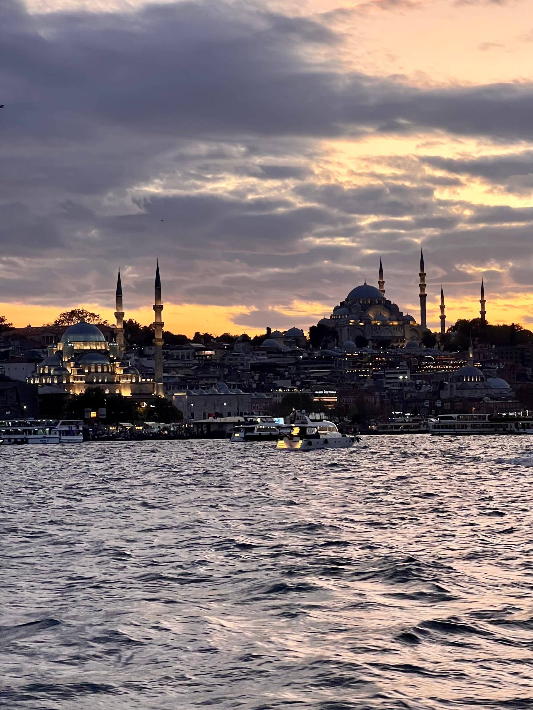 The Istanbul skyline silhouetted at sunset over the Bosphorus, the domes and minarets of Suleymaniye Mosque glowing at golden hour