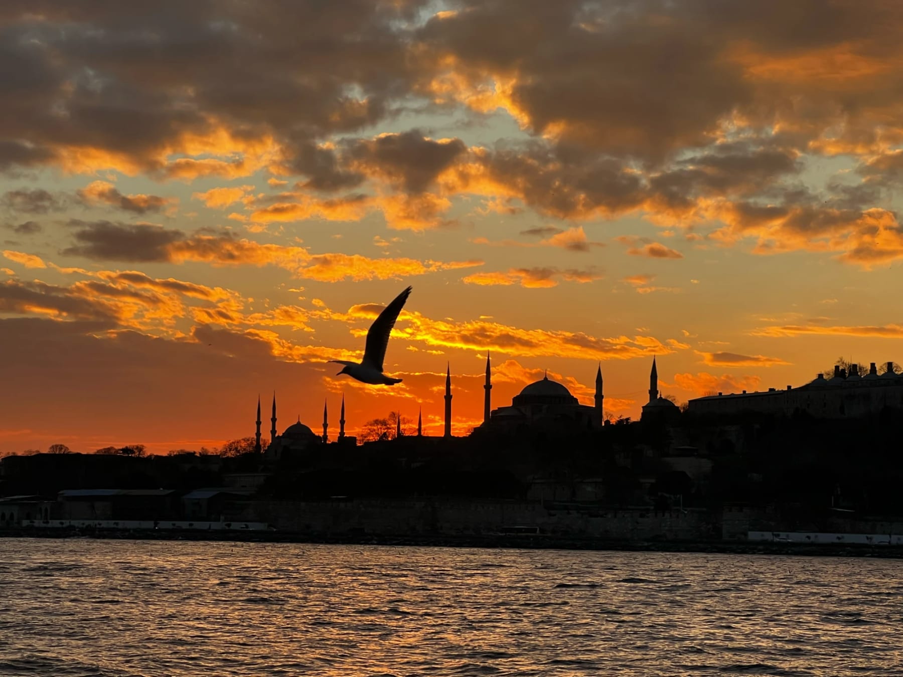 The Istanbul skyline silhouetted at sunset over the Bosphorus, domes and minarets glowing at golden hour
