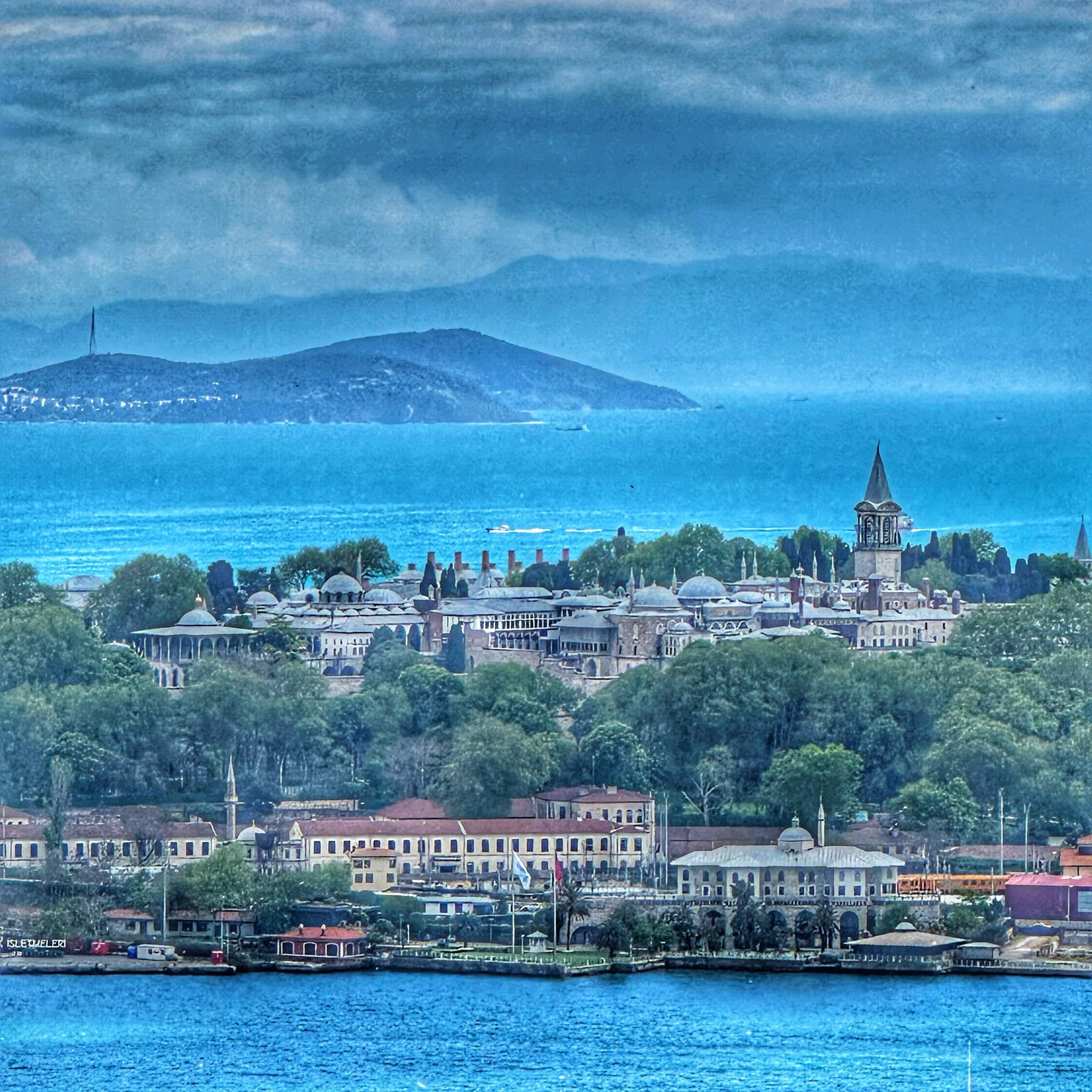Topkapi Palace rising above the trees on Istanbul’s historic peninsula, seen across the Bosphorus